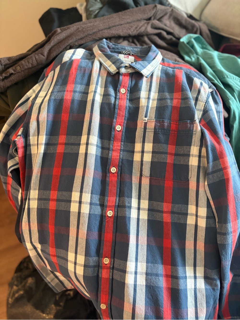 Quiksilver Red, Blue and White Plaid Button-Down Shirt